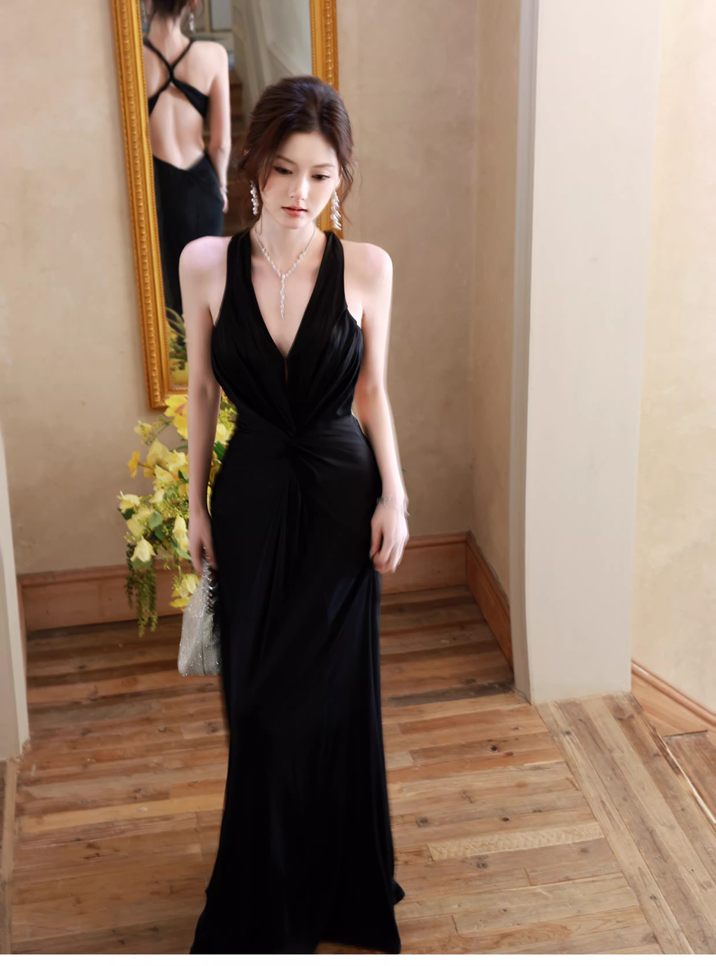 Sexy Black Neck Satin Mermaid Evening Dress Backless Long Wedding Guest Dress SP1538