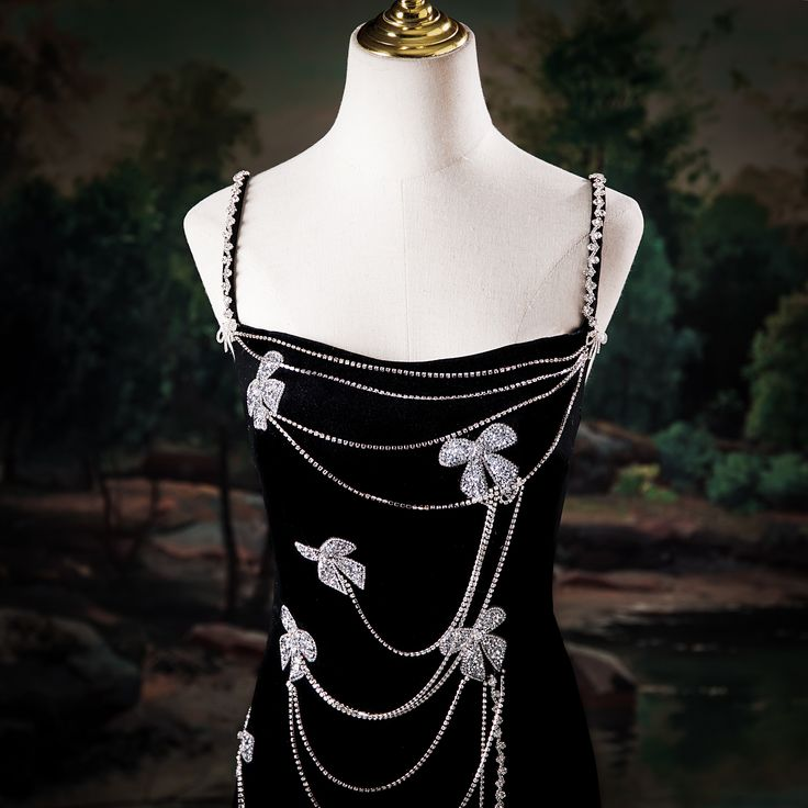 Elegant Black Velvet Spaghetti Straps Slit Beaded Mermaid Evening Dress Long Birthday Party Gown