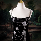 Elegant Black Velvet Spaghetti Straps Slit Beaded Mermaid Evening Dress Long Birthday Party Gown