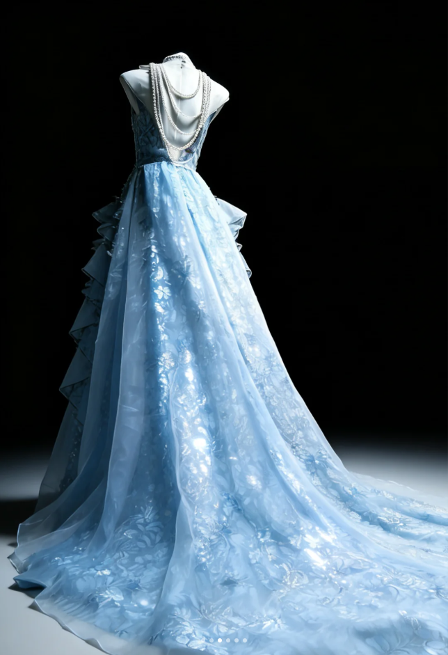 Glamorous Blue Tulle Lace Floral Long Party Dress Formal Birthday Prom Gowns SP1573