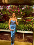 Elegant Blue Spaghetti Straps Sheath Slit Evening Dress Long Wedding Guest Dress Party Gown