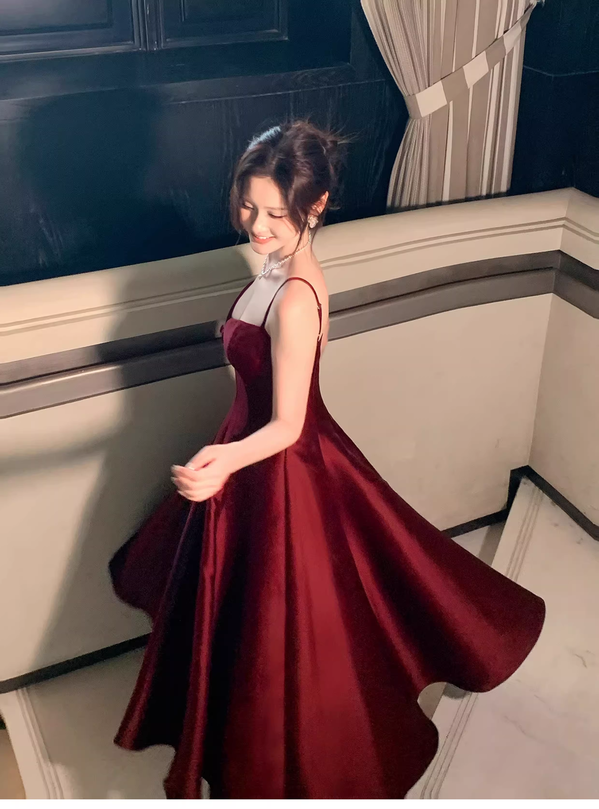 Elegant Burgundy Spaghetti Straps Satin A Line Long Party Dress Formal Wedding Guest Dress SP1493