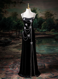 Elegant Black Velvet Spaghetti Straps Slit Beaded Mermaid Evening Dress Long Birthday Party Gown