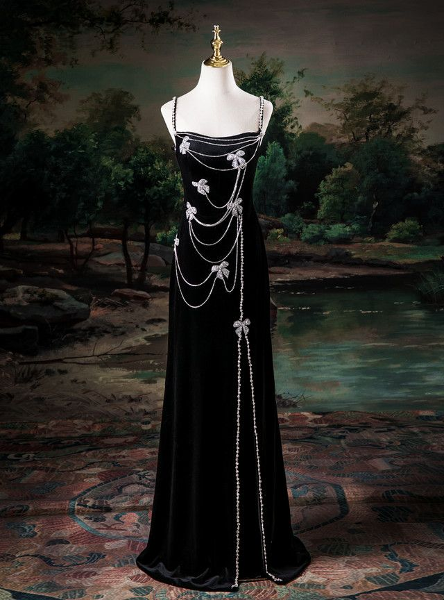 Elegant Black Velvet Spaghetti Straps Slit Beaded Mermaid Evening Dress Long Birthday Party Gown