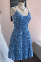 Blue Sheath Sequins Lace-Up Mini Homecoming Dress Y3007