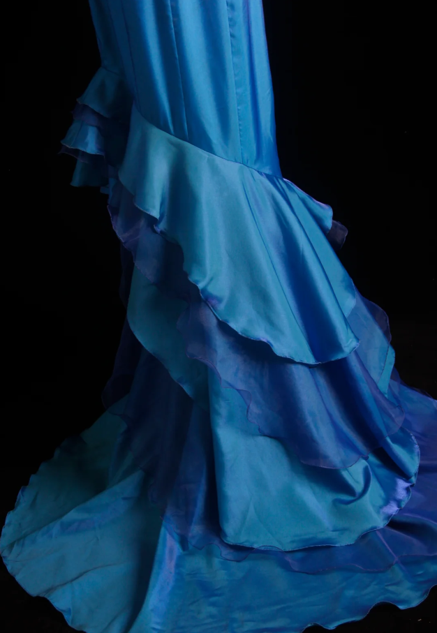 Unique Blue Green Strapless Satin Beaded Long Wedding Guest Dress Formal Birthday Party Dress Prom Gown