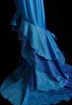 Unique Blue Green Strapless Satin Beaded Long Wedding Guest Dress Formal Birthday Party Dress Prom Gown