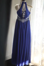 Stylish Halter Royal Blue Chiffon Beaded Long Evening Dress Formal Wedding Guest Dress Prom Gown