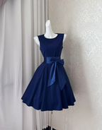 Vintage Sleeveless Blue Satin A Line Short Formal Homecoming Dress Cocktail Dress Y9216