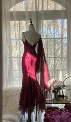Charming Spaghetti Straps Burgundy Chiffon Beaded Mermaid Long Party Dress Birthday Prom Gown