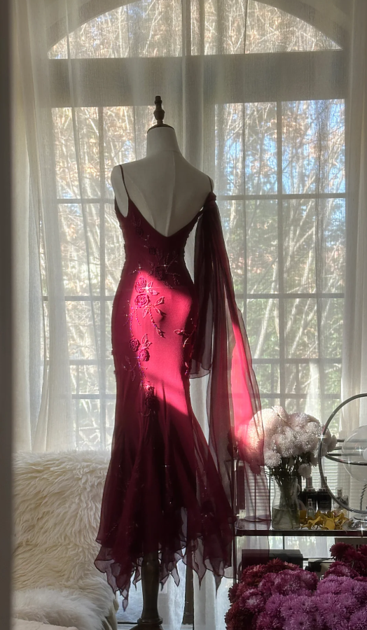 Charming Spaghetti Straps Burgundy Chiffon Beaded Mermaid Long Party Dress Birthday Prom Gown