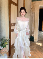 Shiny White Tulle Beaded Ruffles Long Evening Dress Birthday Outfits SP1650