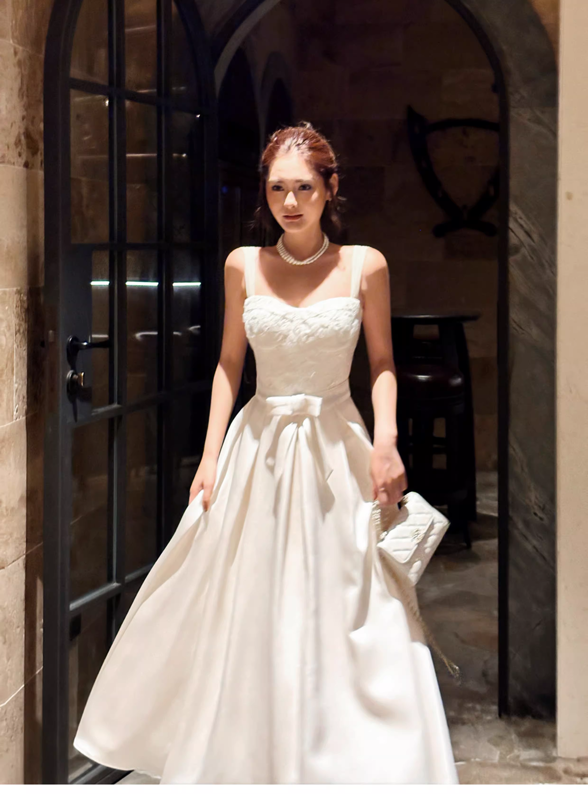 Pretty Bow Satin Lace A Line Long Evening Dress White Wedding Guest Dress SP1540