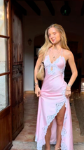 Pretty Pink Spaghetti Straps Satin Lace Slit A Line Long Party Dress Prom Gown SP947