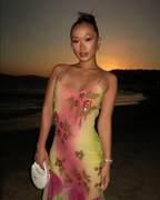 Pink Green Gradient Beaded Spaghetti Strap Chiffon Long Ruffled Evening Dress Party Prom Dress  Y8495
