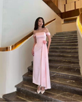 Sweet Pink Off The Shoulder Satin Long Bridesmaid Dress Birthday Outfits  SP762