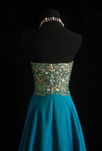 Unique Blue Green Strapless Satin Beaded Long Wedding Guest Dress Formal Birthday Party Dress Prom Gown