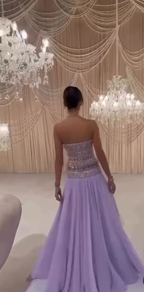 Classy Strapless Purple Chiffon Beaded Long Party Dress Evening Gown