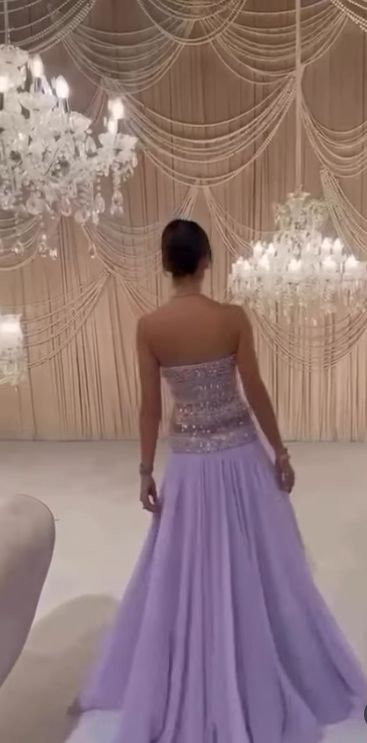 Classy Strapless Purple Chiffon Beaded Long Party Dress Evening Gown
