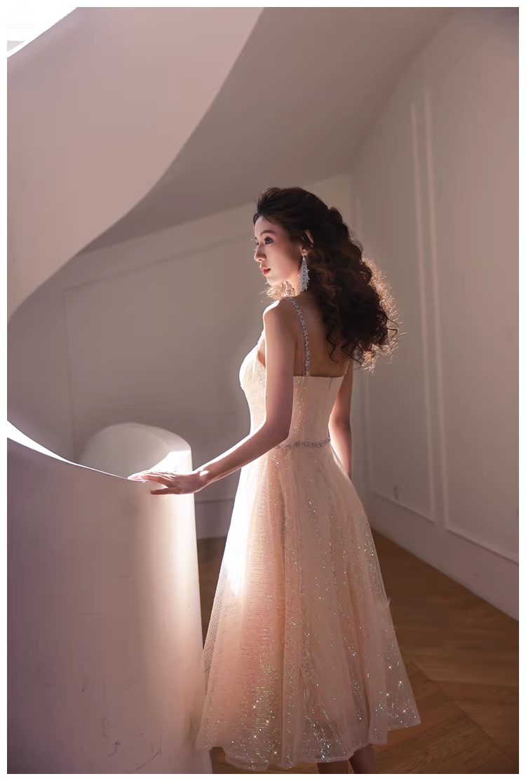 Elegant Light Champagne Tulle Sequin Beaded A Line Mid Length Birthday Prom Dress Evening Gown