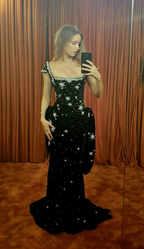 Gorgeous Navy Blue Velvet Beaded Mermaid Long Prom Dress Evening Dress SP1302