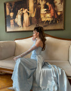 Classy Strapless Light Blue Satin Tulle Beaded Mermaid Prom Dress Long Party Gown
