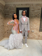 Grey Mermaid Prom Dress with Pink Appliques,Chic Grey Formal Dress Y1906