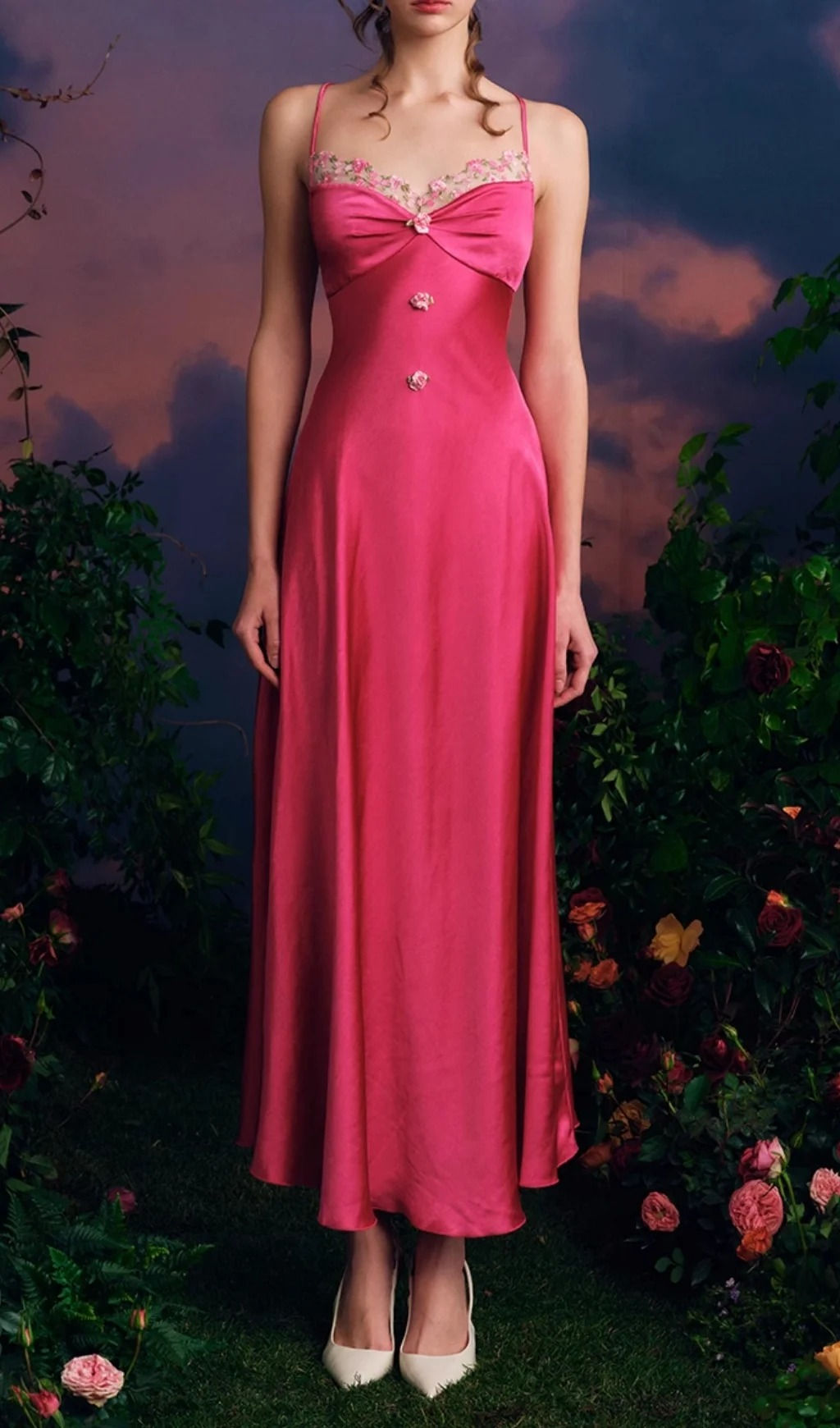 Modern Spaghetti Straps Satin Lace A Line Party Gown Hot Pink Long prom Dress