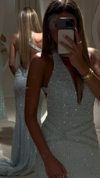 Gorgeous Halter V Neck Blue Satin Sequin Beaded Mermaid Long Party Dress Evening Gown SP1868