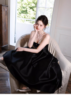 Pretty Spaghetti Straps V Neck Satin A Line Long Evening Dress Black Birthday Dress SP1655