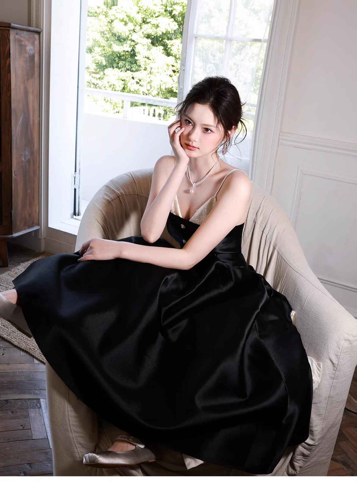 Pretty Spaghetti Straps V Neck Satin A Line Long Evening Dress Black Birthday Dress SP1655