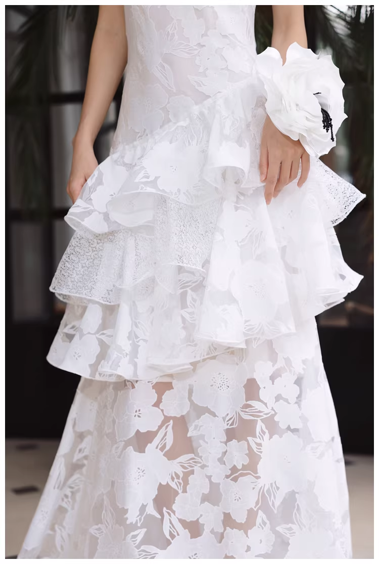 Fairy Spaghetti Strap White Lace Ruffle Layered Mermaid Long Prom Dress Evening Gowns