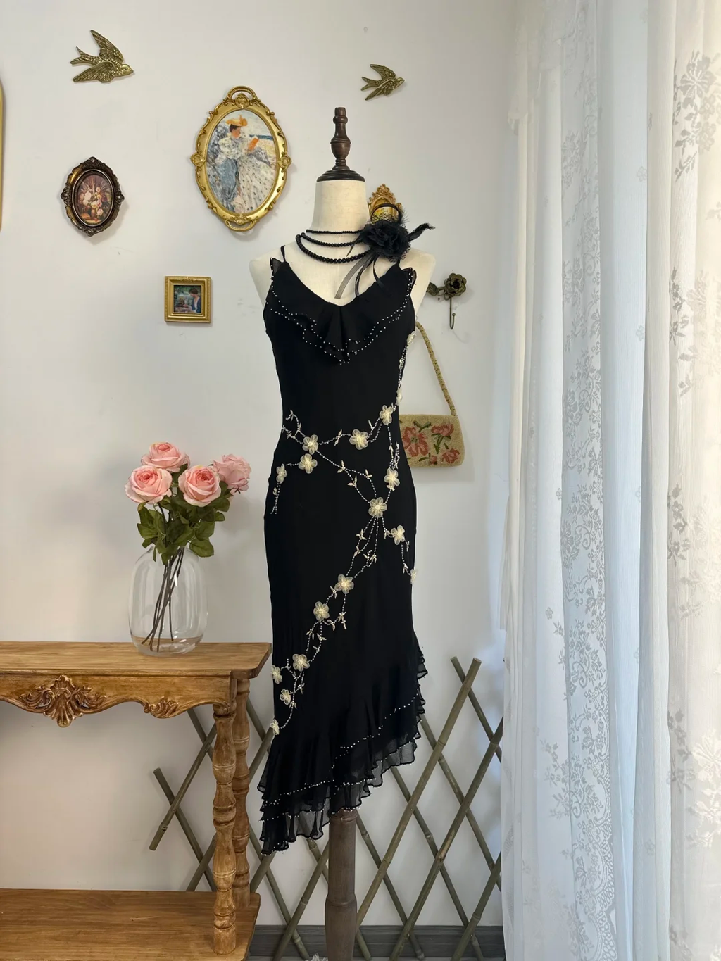 Classy Black Chiffon Beaded Appliques Long Party Gown Formal Evening Dress