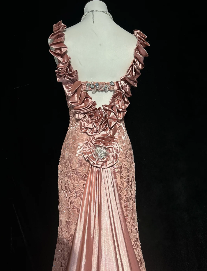 Pretty Pink V Neck Lace Mermaid Birthday Prom Dress Long evening Dress Party Gown