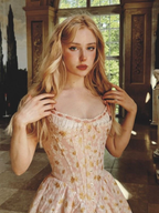 Classy Pink Spaghetti Straps Satin Print Floral Line Graduation Homecoming Dress 19th Birthday Dress Y9810
