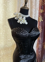Fashion Black Spaghetti Straps Satin Beaded Mermaid Long Evening Dress Formal Wedding Guest Dress SP1614