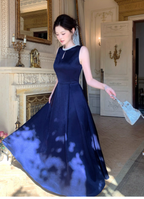 Stylish Sleeveless Navy Blue Satin Beaded A Line Long Birthday Dress Evening Gown SP1651