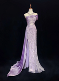 Glamorous  Strapless Lavender Tulle Satin Beaded Slit Mermaid Evening Dress Long Birthday Prom Gowns SP1965