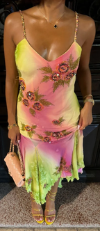 Pink Green Gradient Beaded Spaghetti Strap Chiffon Long Ruffled Evening Dress Party Prom Dress  Y8495