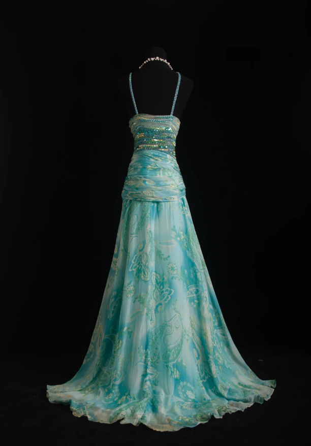 Classy Mint Green Chiffon Print Floral Beaded Mermaid Long Party Dress Formal Birthday Evening Gown