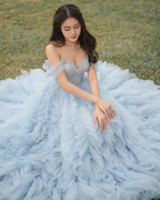 Charming Off The Shoulder Sky Blue Tulle Pleated Long Party Dress Birthday Outfits SP1129