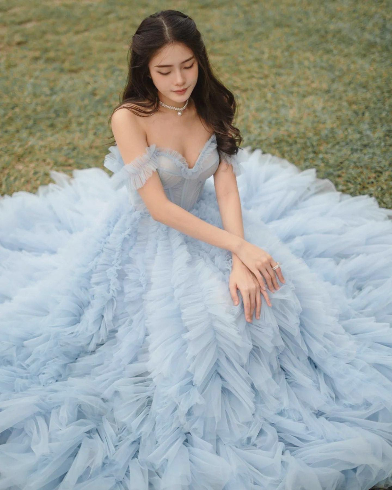 Charming Off The Shoulder Sky Blue Tulle Pleated Long Party Dress Birthday Outfits SP1129