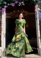Glamorous Off The Shoulder Green Satin Ruffles Layered Mermaid Evening Dress Long Birthday Outfits SP1644