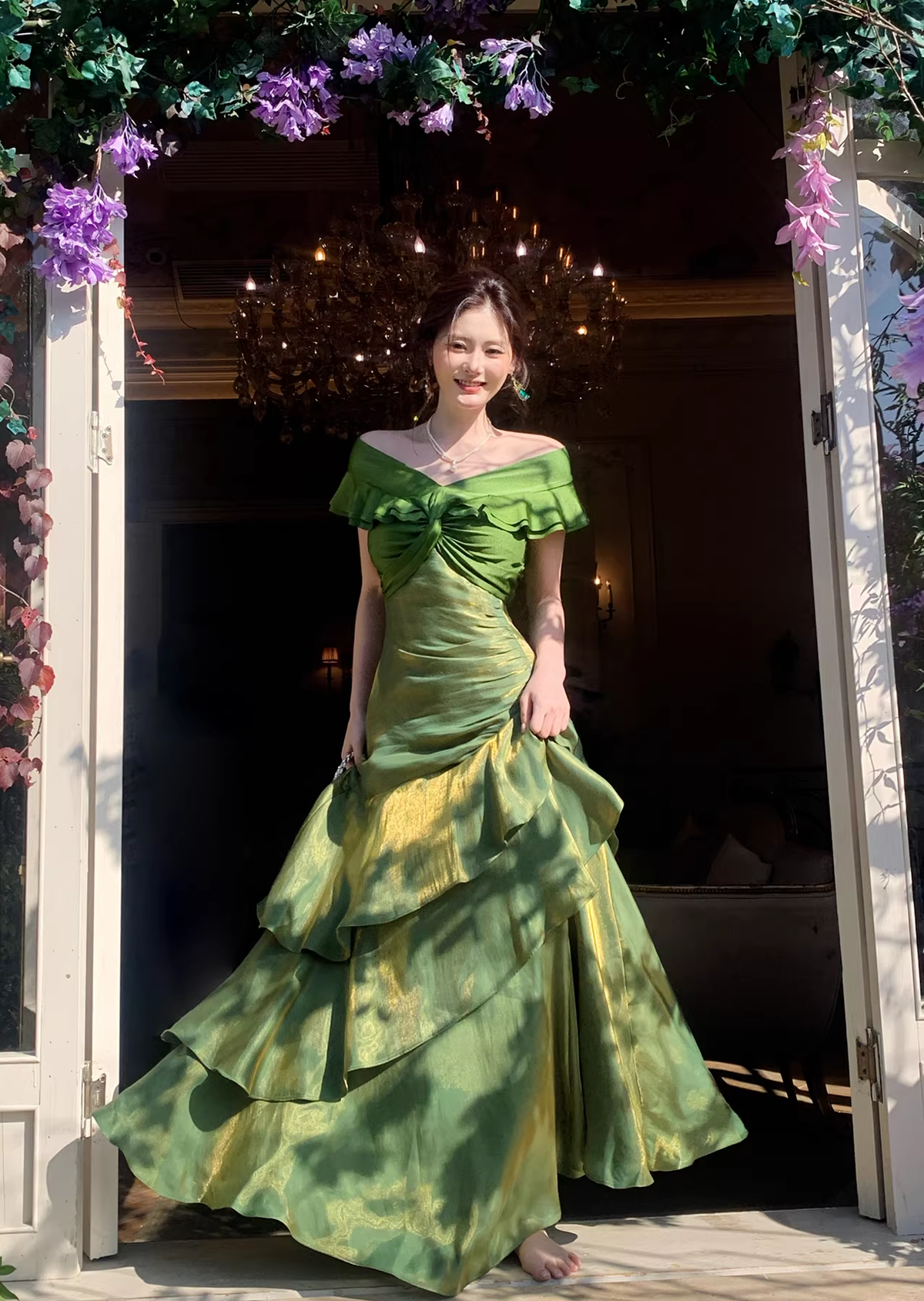 Glamorous Off The Shoulder Green Satin Ruffles Layered Mermaid Evening Dress Long Birthday Outfits SP1644