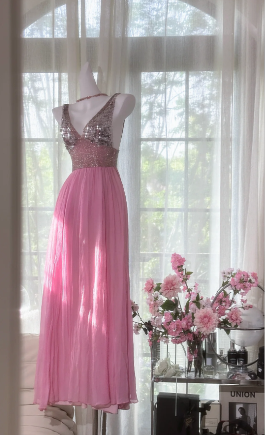 Classy Pink V Neck Chiffon Sequin A Line Long Party Dress Backless Birthday Prom Gown