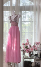 Classy Pink V Neck Chiffon Sequin A Line Long Party Dress Backless Birthday Prom Gown