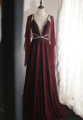 Sexy Burgundy Satin Beaded Backless Long Evening Dress Prom Gown SP848