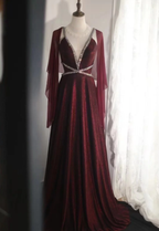 Sexy Burgundy Satin Beaded Backless Long Evening Dress Prom Gown SP848