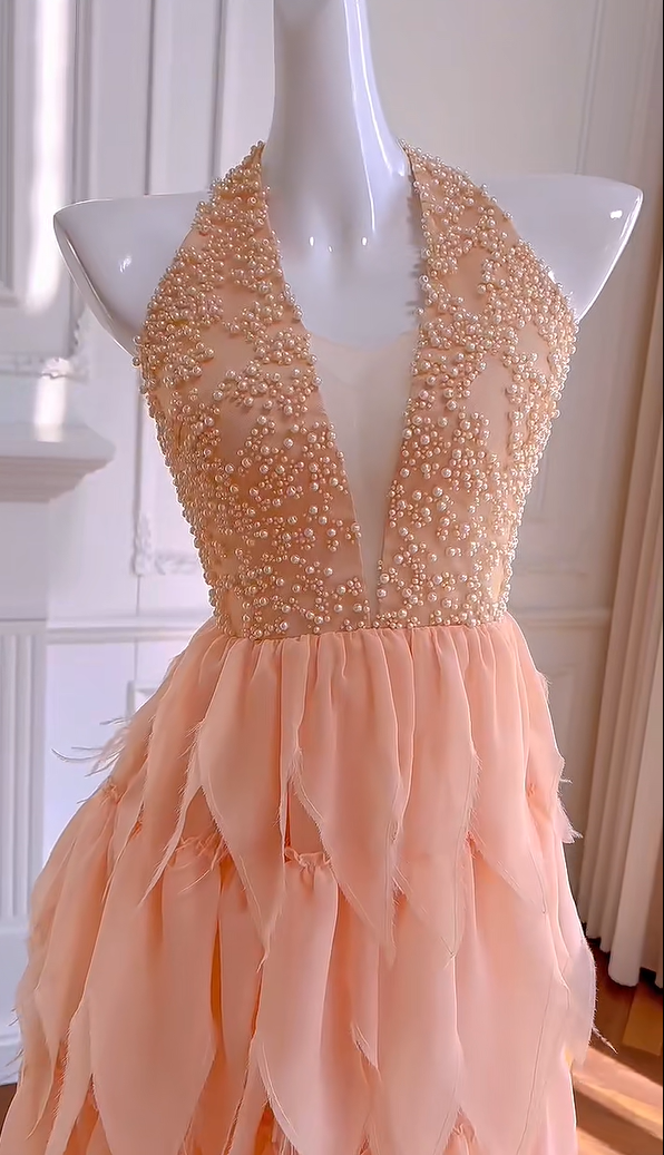 Gorgeous Halter Chiffon Pearls Beaded Homecoming Dress Orange Formal Birthday Outfits Y8981