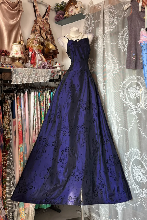 Unique Spaghetti Straps Purple Satin Print Floral Long Party Dress Birthday Dress SP1715